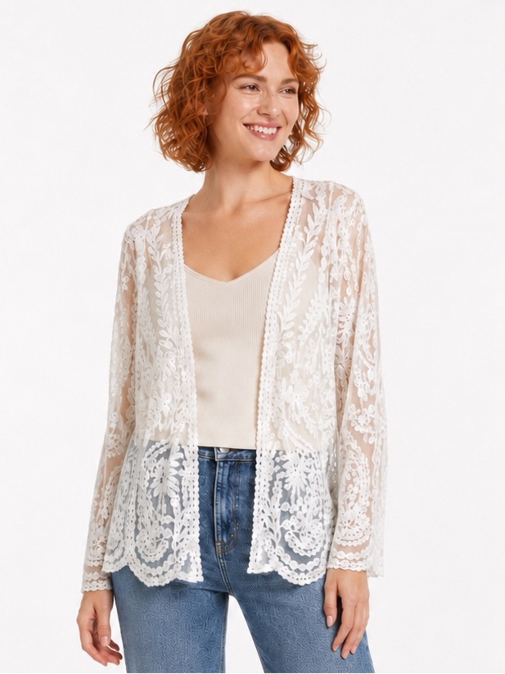 Hayden LA Ivory Sheer Embroidered Floral Lace Boho Cottagecore Coquette Cardigan